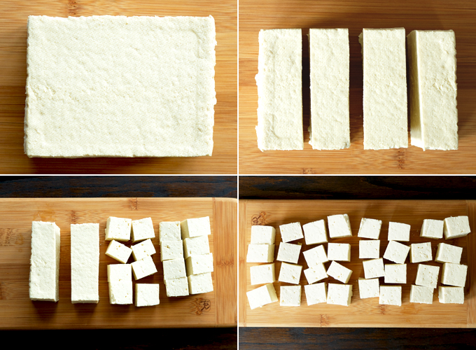 Tofu cut for Wild Rice Kale and Mushrooms